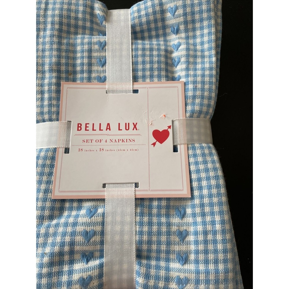 Bella Lux Set of 4 Napkins Valentine’s Day Blue & White Cloth Fabric 18” x 18”